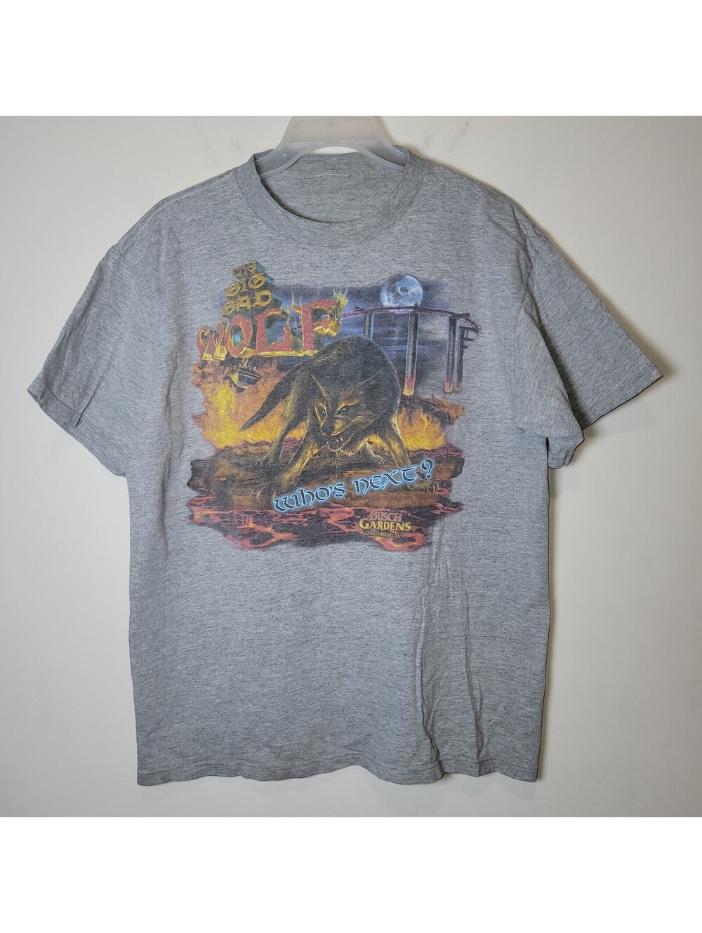The Big Bad Wolf Busch Gardens Who's Next? Men's Gray Graphic Shirt sz L READ